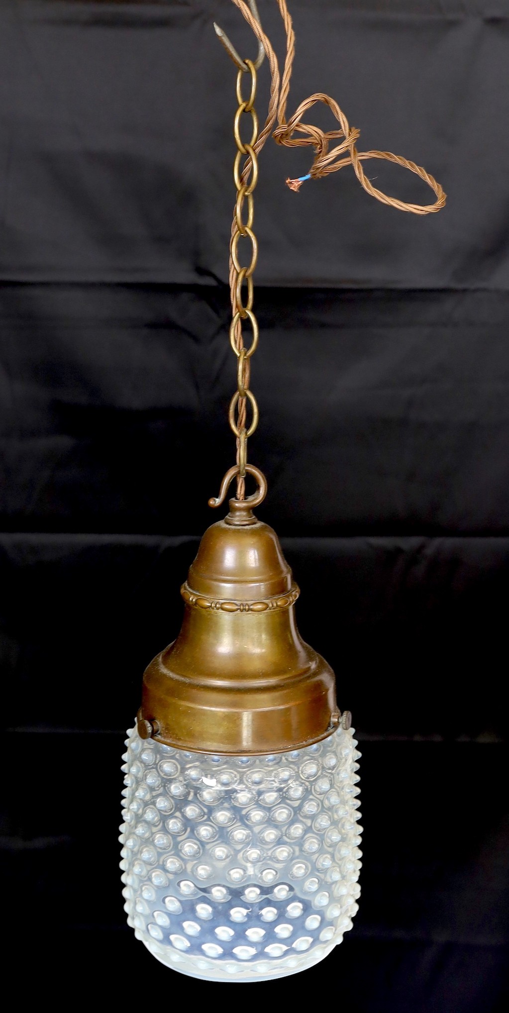 An early 20th century bronze mounted stippled Vaseline glass light fitting, stamped Siemens, height 33cm